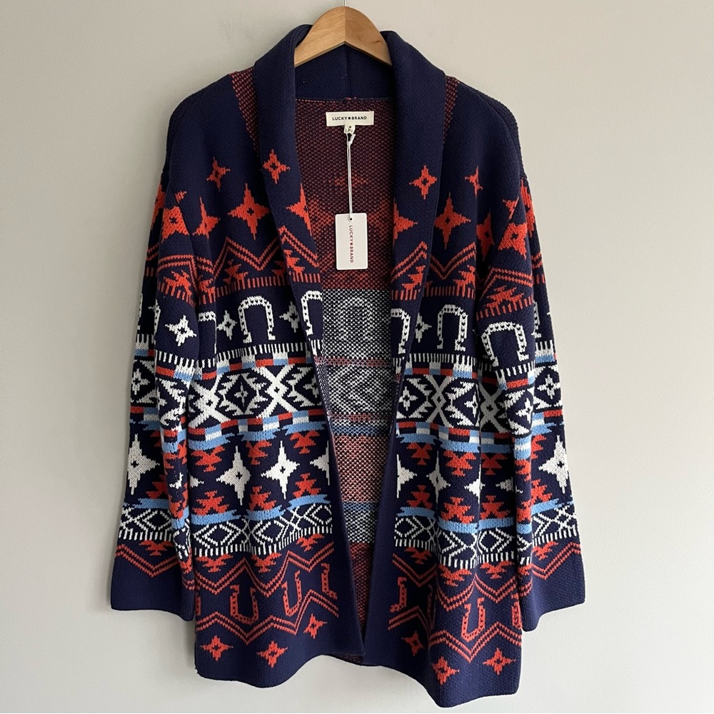 Lucky Brand Navy, Red, White Patterned Open Cardigan